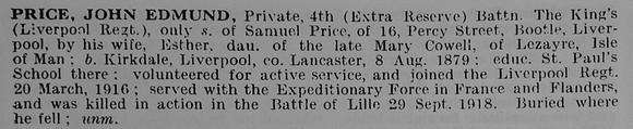 Price J E Pte 4th Kings Liverpool Regiment