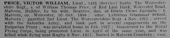 Price V W Lt 14th Worcestershire Regiment