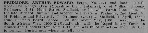 Pridmore A E Sergt 7171 2nd Kings Own Yorkshire Light Infantry