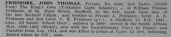 Pridmore J T Pte 6640 2nd Kings Own Yorkshire Light Infantry