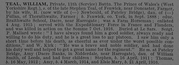 Teal W Pte 17411 11th West Yorkshire Regiment (Prince of Wales's Own) Obit De Ruvignys Roll Of Honour Vol 4