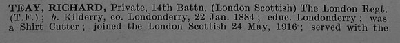 Teay R Pte 14th London Regiment Obit Part 1 De Ruvignys Roll Of Honour Vol 4