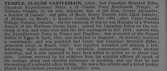 Temple C C Lt 2nd Canadian Mounted Rifles (British Columbia Regiment) Obit De Ruvignys Roll Of Honour Vol 4