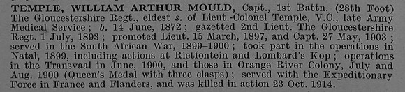 Temple W A M Captain 1st Gloucestershire Regiment Obit De Ruvignys Roll Of Honour Vol 4