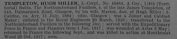 Templeton H M LCpl 46884 4th Northumberland Fusiliers Obit De Ruvignys Roll Of Honour Vol 4