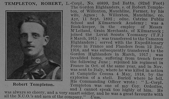 Templeton R LCpl 40899 2nd Gordon Highlanders Obit De Ruvignys Roll Of Honour Vol 4
