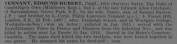 Tennant E H Cpl 1290 16th Middlesex Regiment Obit De Ruvignys Roll Of Honour Vol 4