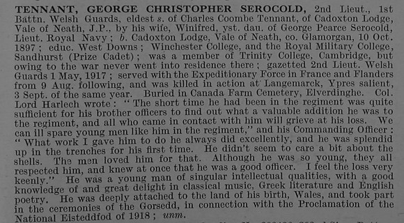 Tennant G C S 2nd Lt 1st Welsh Guards Obit De Ruvignys Roll Of Honour Vol 4