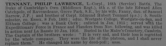 Tennant P L LCpl 1291 16th Middlesex Regiment Obit De Ruvignys Roll Of Honour Vol 4