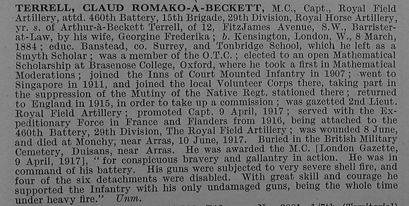 Terrell C R A' B Captain Royal Field Artillery Attd Royal Horse Artillery Obit De Ruvignys Roll Of Honour Vol 4