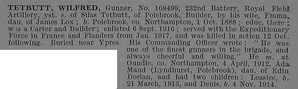 Tetbutt W Gnr 168499 Royal Field Artillery Obit De Ruvignys Roll Of Honour Vol 4