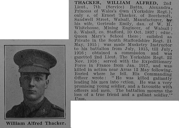 Thacker W A 2nd Lt 7th Yorkshire Regiment Obit De Ruvignys Roll Of Honour Vol 4