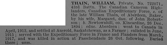 Thain W Pte 722071 43rd Canadian Infantry (Manitoba Regiment) Obit De Ruvignys Roll Of Honour Vol 4
