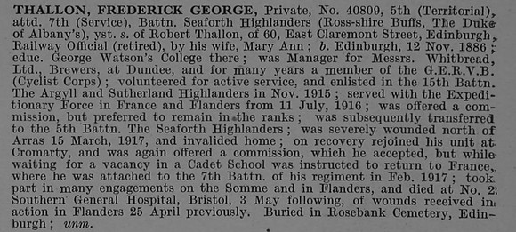 Thallon F G Pte 40809 5th Attd 7th Seaforth Highlanders Obit De Ruvignys Roll Of Honour Vol 4