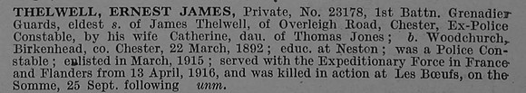 Thelwell E J Pte 23178 1st Grenadier Guards Obit De Ruvignys Roll Of Honour Vol 4
