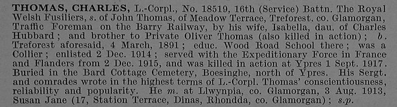 Thomas C LCpl 18519 16th Royal Welsh Fusiliers Obit De Ruvignys Roll Of Honour Vol 4