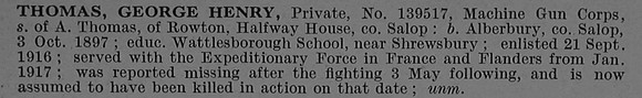 Thomas G H Pte 1239517 Machine Gun Corps Short Obit De Ruvignys Roll Of Honour Vol 4