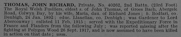 Thomas J R Pte 40262 2nd Royal Welsh Fusiliers Obit De Ruvignys Roll Of Honour Vol 4