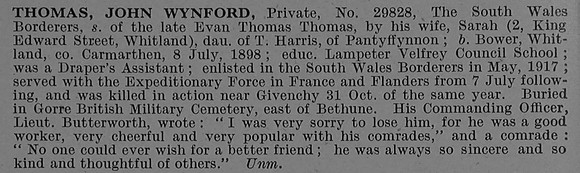 Thomas J W Pte 29828 6th South Wales Borderers Obit De Ruvignys Roll Of Honour Vol 4