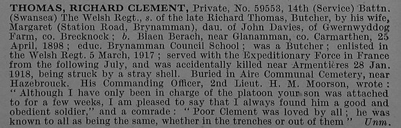 Thomas R C Pte 59553 14th Welsh Regiment Obit De Ruvignys Roll Of Honour Vol 4