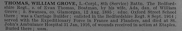 Thomas W G LCpl 17041 8th Bedfordshire Regiment Short Obit De Ruvignys Roll Of Honour Vol 4