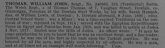 Thomas W J Sergt 240965 5th Welsh Regiment Obit De Ruvignys Roll Of Honour Vol 4