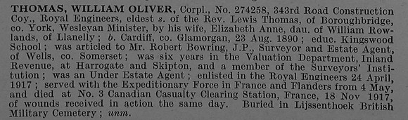 Thomas W O Cpl 274258 Royal Engineers Obit De Ruvignys Roll Of Honour Vol 4
