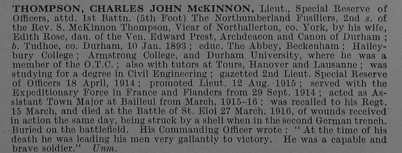 Thompson C J M Lt 1st Northumberland Fusiliers Obit De Ruvignys Roll Of Honour Vol 4