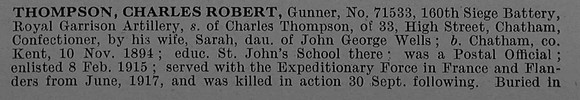 Thompson C R Gnr 71533 Royal Garrison Artillery Obit Part 1 De Ruvignys Roll Of Honour Vol 4