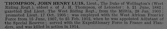 Thompson J H L Lt 2nd West Riding Regiment Short Obit De Ruvignys Roll Of Honour Vol 4