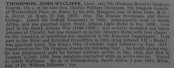 Thompson J W Lt 7th Dragoon Guards Obit De Ruvignys Roll Of Honour Vol 4