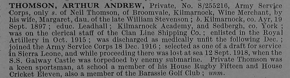 Thomson A A Pte S-255216 Army Service Corps Obit De Ruvignys Roll Of Honour Vol 4