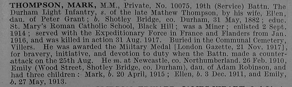Thompson M Pte MM 10075 19th Durham Light Infantry Obit De Ruvignys Roll Of Honour Vol 4