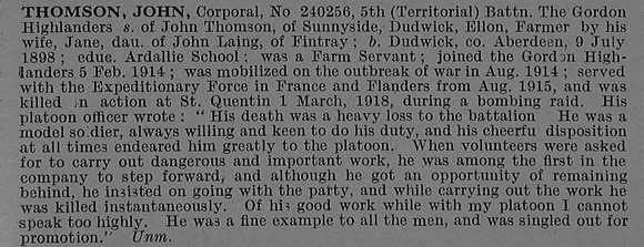 Thomson J Cpl 240256 5th Gordon Highlanders Obit De Ruvignys Roll Of Honour Vol 4