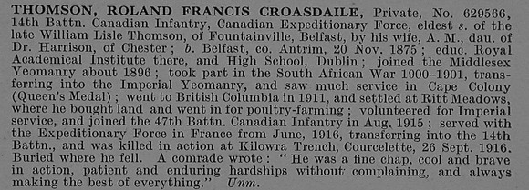 Thomson R F C Pte 629566 14th Canadian Infantry Obit De Ruvignys Roll Of Honour Vol 4