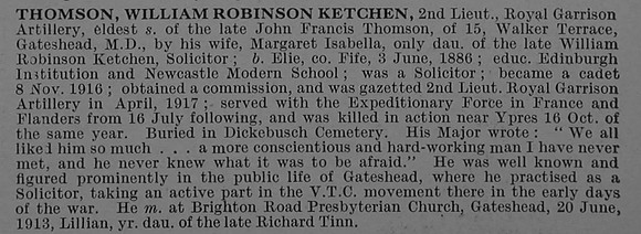 Thomson W R K 2nd Lt Royal Garrison Artillery Obit De Ruvignys Roll Of Honour Vol 4