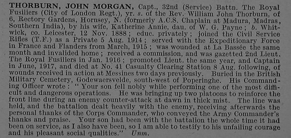 Thorburn J M Captain 32nd Royal Fusiliers Obit De Ruvignys Roll Of Honour Vol 4