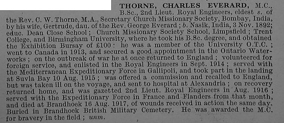 Thorne C E 2nd Lt MC Royal Engineers Obit De Ruvignys Roll Of Honour Vol 4