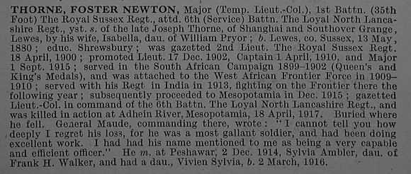 Thorne F N Major 1st Royal Sussex Regiment Attd 6th Loyal North Lancs Regiment Obit De Ruvignys Roll Of Honour Vol 4