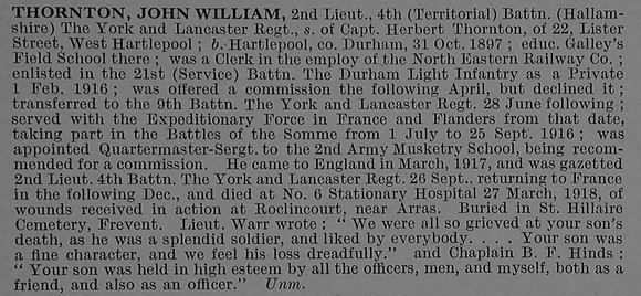 Thornton J W 2nd Lt 4th York & Lancs Regiment Obit De Ruvignys Roll Of Honour Vol 4