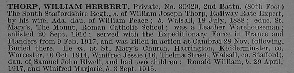 Thorp W H Pte 30920 2nd South Staffs Regiment Obit De Ruvignys Roll Of Honour Vol 4