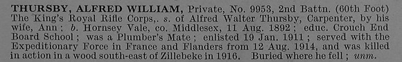 Thursby A W Pte 9953 2nd Kings Royal Rifle Corps Short Obit De Ruvignys Roll Of Honour Vol 4