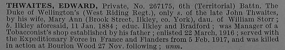 Thwaites E Pte 267175 6th West Riding Regiment Short Obit De Ruvignys Roll Of Honour Vol 4