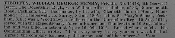 Tibbitts W G H Pte 11478 6th Dorset Regiment Obit De Ruvignys Roll Of Honour Vol 4