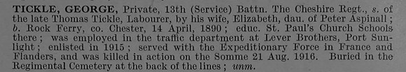 Tickle G Pte 34941 13th Cheshire Regiment Short Obit De Ruvignys Roll Of Honour Vol 4
