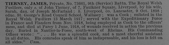 Tierney J Pte 73661 9th Royal Welsh Fusiliers Obit De Ruvignys Roll Of Honour Vol 4