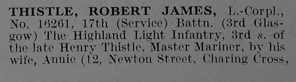 Thistle R J L/Cpl 17th Highland Light Infantry Obit Part 1 De Ruvignys Roll Of Honour Vol 3