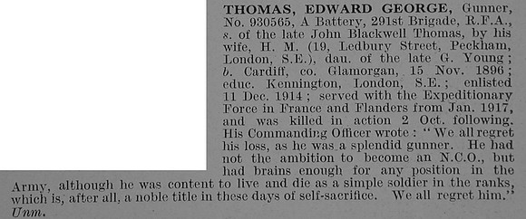 Thomas E G Gnr 930565 Royal Field Artillery Obit De Ruvignys Roll Of Honour Vol 3