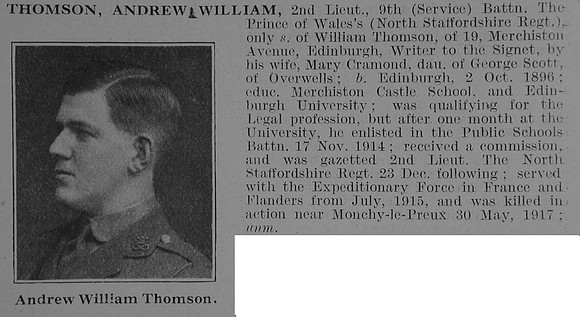 Thomson A W 2nd Lt 9th North Staffordshire Regiment Obit De Ruvignys Roll Of Honour Vol 3
