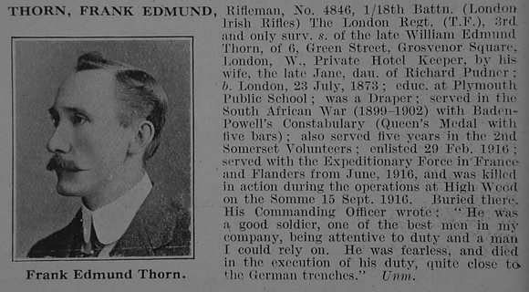 Thorn F E Rfn 4846 18th London Regiment (London Irish Rifles) Obit De Ruvignys Roll Of Honour Vol 3